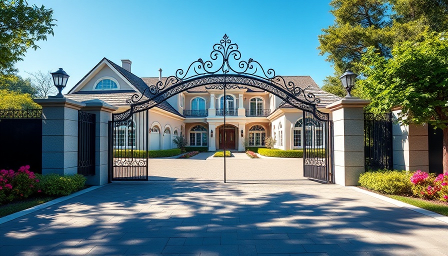 Elegant suburban home with ornate driveway gate under clear sky.
