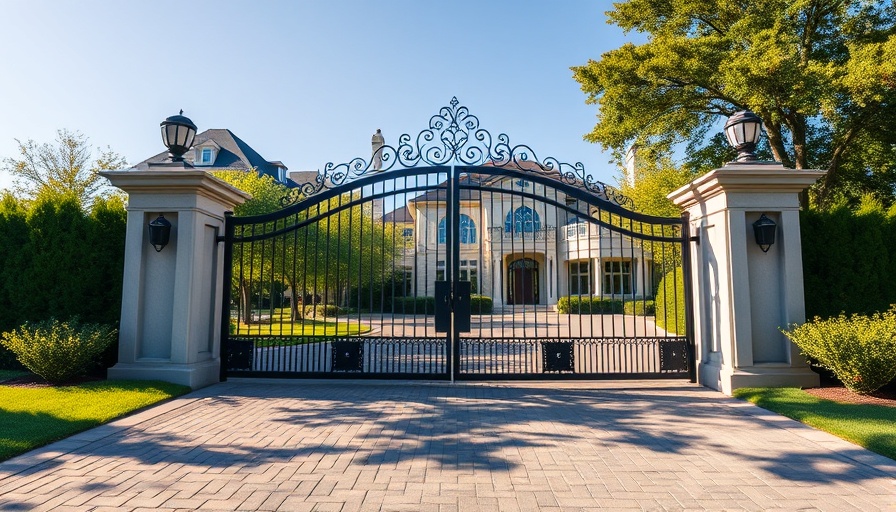 Elegant driveway gate in front of a luxurious suburban home.