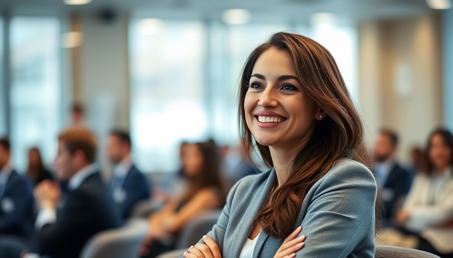 Woman at business conference discussing startup funding.
