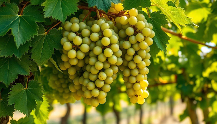 Bunches of green grapes hanging on a vine amid green leaves.