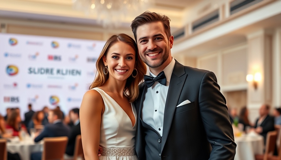 Couple posing at event, photorealistic, elegance and poise.