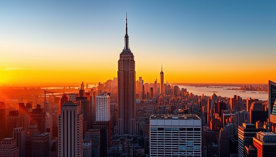 Manhattan skyline during sunset showcasing iconic Empire State Building - pros and cons of living in New York State.