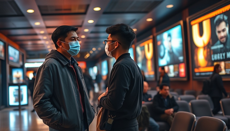 Masked individuals in cinema lobby amid movie imports discussion