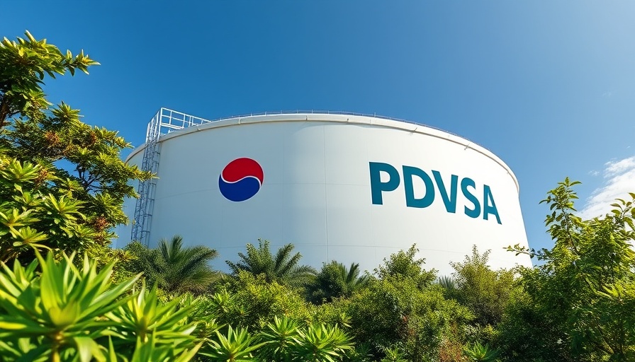 PDVSA oil storage tank amid greenery under clear sky.
