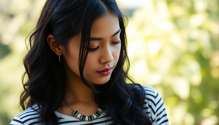 Contemplative young woman outdoors, natural green background.