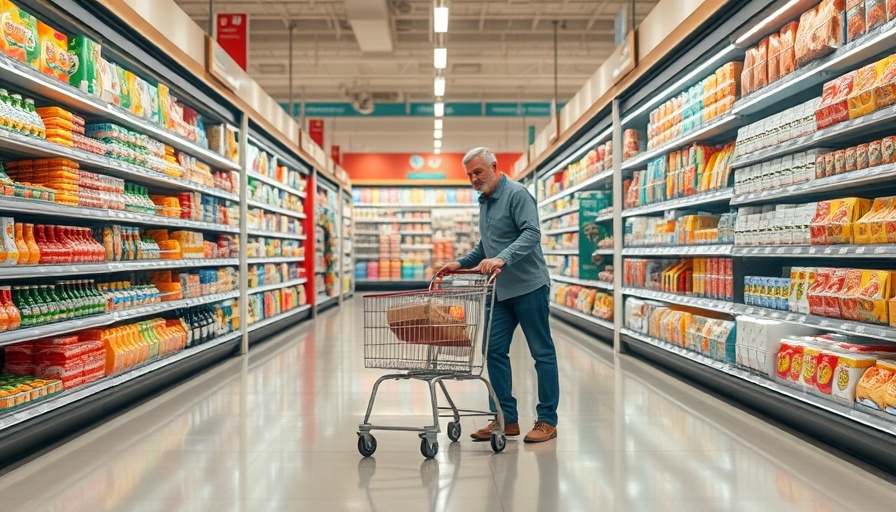 Investor shopping in a well-stocked American grocery aisle, Trump era.