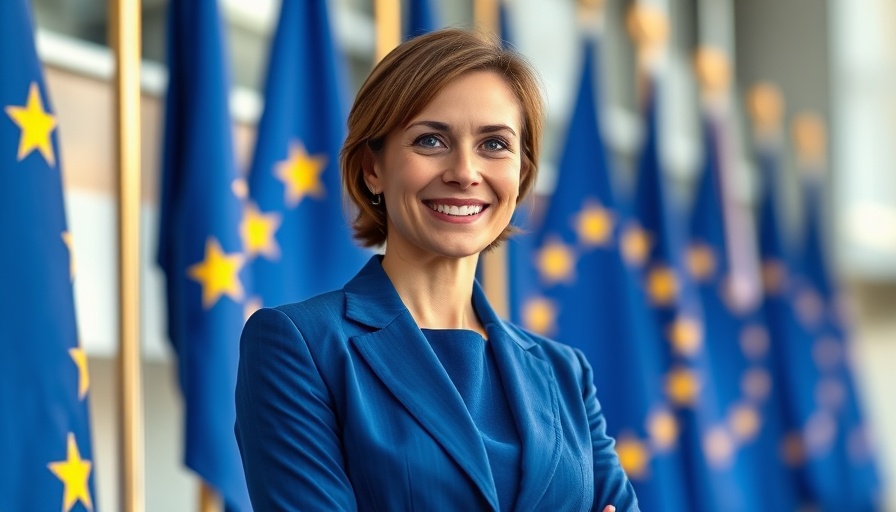 Professional woman in blue suit with EU flags