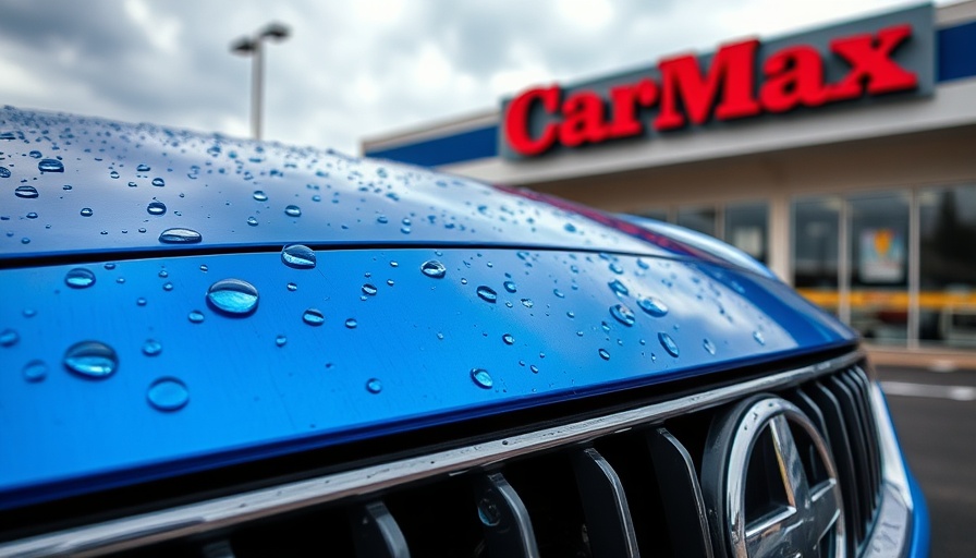 Blue car with raindrops in front of CarMax building, long-term growth targets.