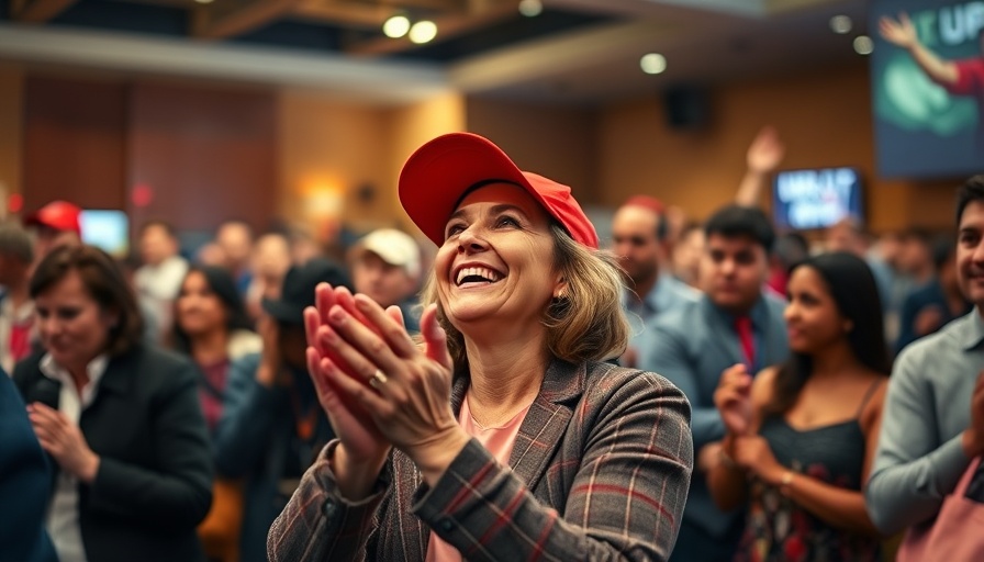 Enthusiastic woman at political event clapping, highlighting market volatility sentiment.