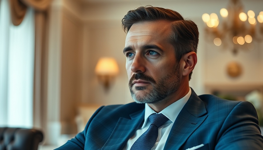 Contemplative man in blue suit reflecting on tariffs and AI.