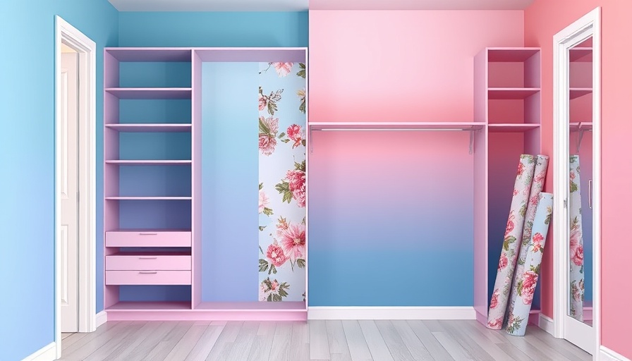 Walk-In Closet Paint Color Decision with blue and pink shelves, floral wallpaper.