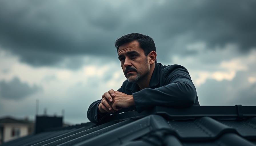 Thoughtful man resting on roof edge with cloudy sky backdrop.