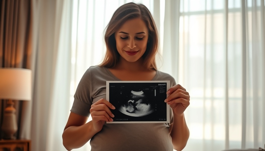 Pregnant woman with ultrasound by window, accidental IVF mix-up concept.