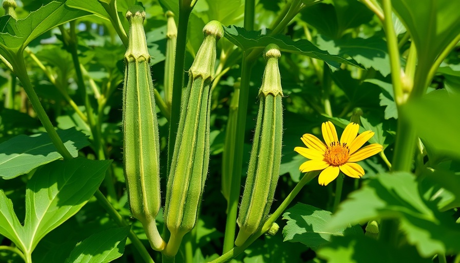 Close-up of okra plant with pods and flower, growing at home garden.