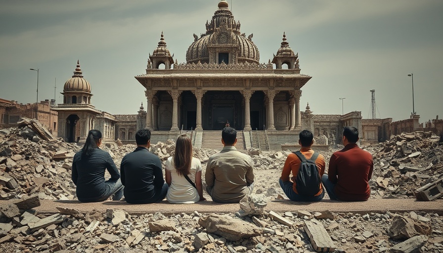 Group of people observing earthquake damage at temple site.