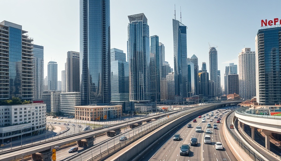 Modern skyscrapers with busy highway in an urban landscape showcasing green sovereign bonds concept.