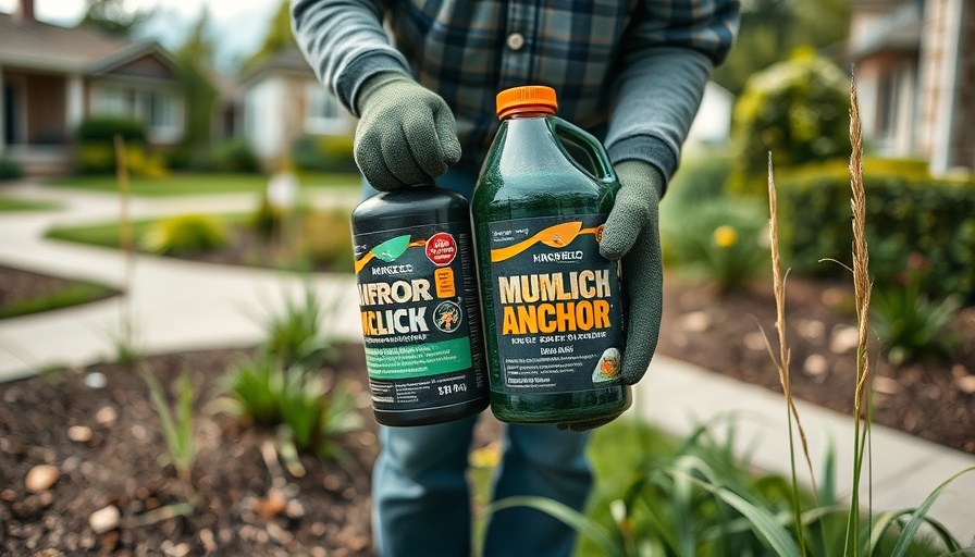 Mulch glue for garden, person holds mulch anchor bottle.