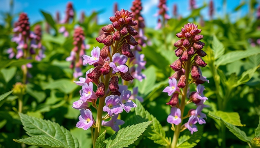 Comfrey plants with purple flowers thriving in a garden, showcasing lush green foliage.