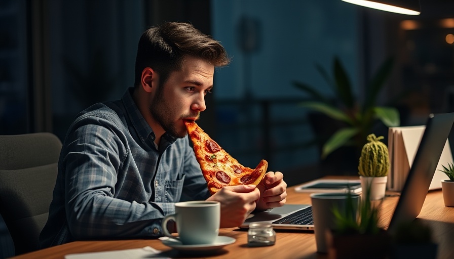 Young man working night shift eating pizza, night shift work heart health considerations.