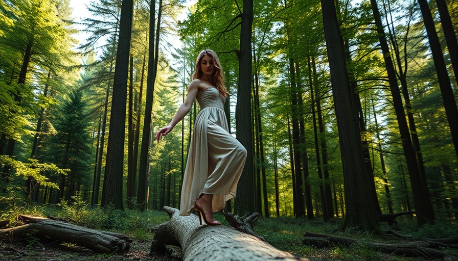 Serene woman balancing on a log, thriving during life transitions in a forest.