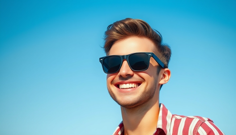 Smiling man in sunglasses outdoors, blue sky background