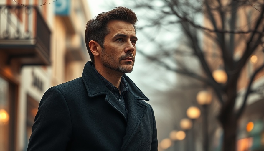 Thoughtful man in black coat in urban setting, natural light