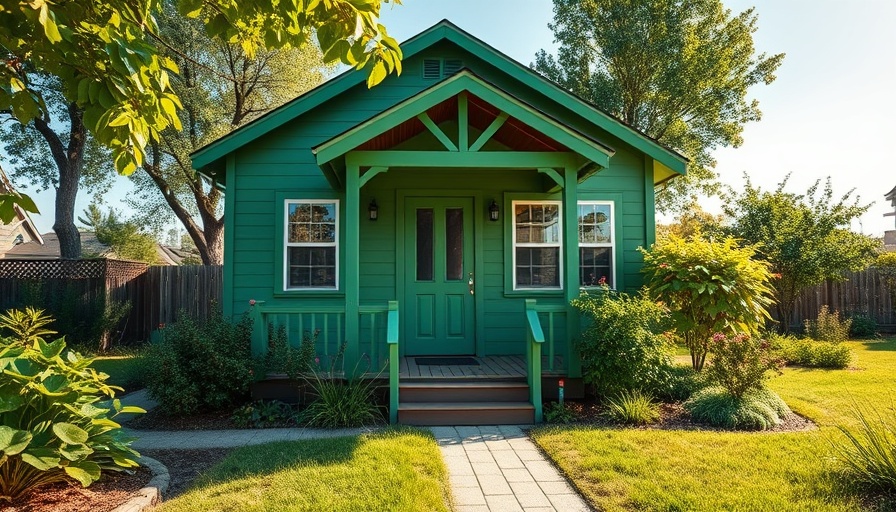 Charming green starter home with manicured garden.