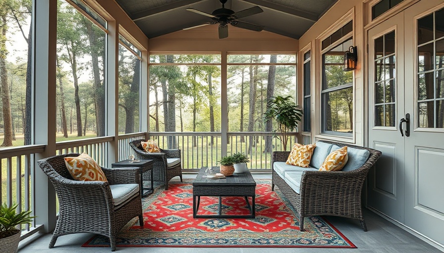 Inviting screened-in porch with modern seating and colorful decor