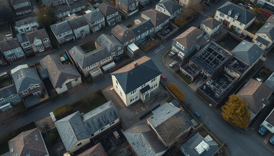 Neighborhood aerial view showing contrasting homes for sale.