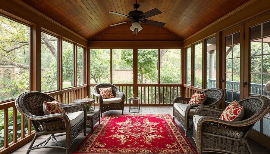 Spacious screened-in porch with comfy furniture and garden view.