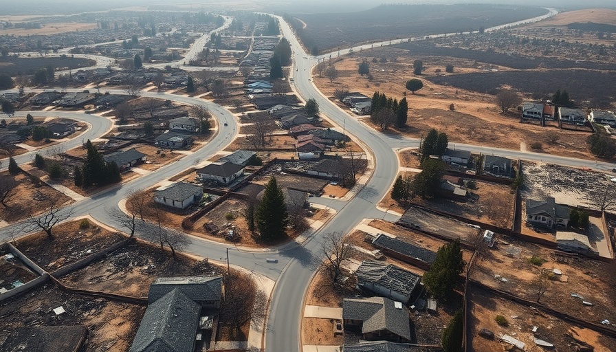 Aerial view of L.A. fires aftermath with contrasting scenes.