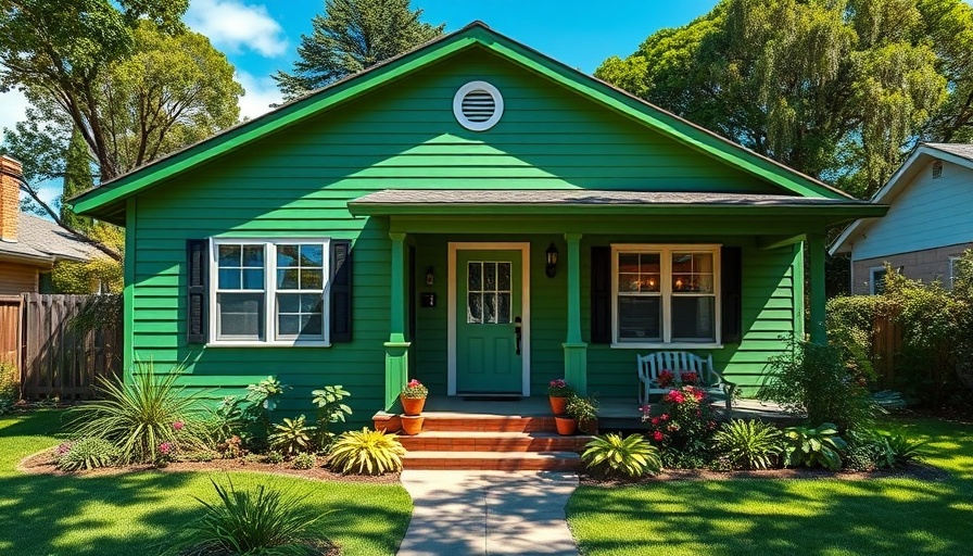 Charming green starter home in today's housing market, sunny day.