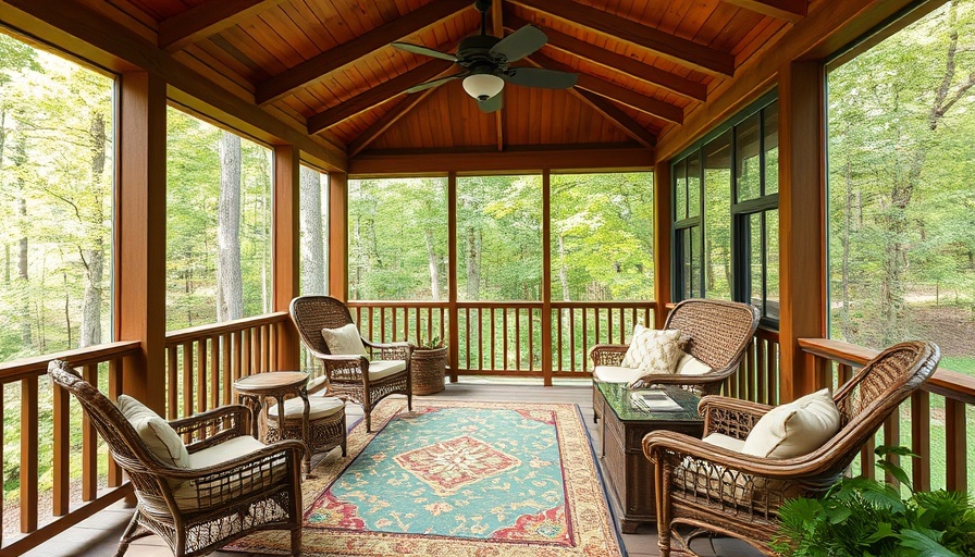 Charming screened-in porch ideas with wicker furniture and forest view.