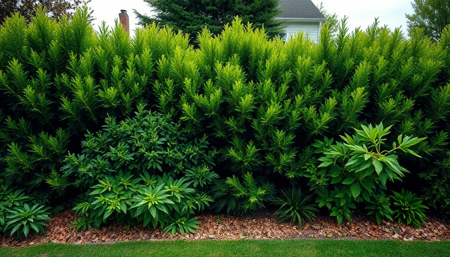 Dense living windbreak for garden beside a house.