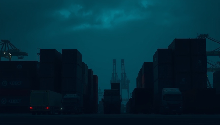 Shipping yard with stacked containers and trucks under dim lighting