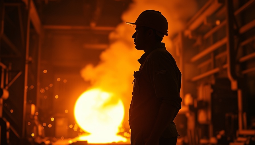 Silhouette of a worker in a factory with molten metal. Nationalisation in British manufacturing.