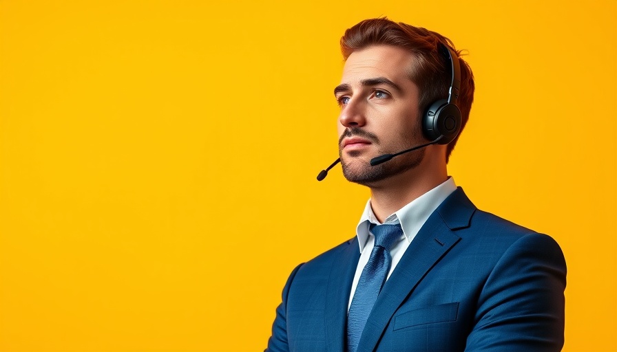 Man in a suit with a headset against a yellow background