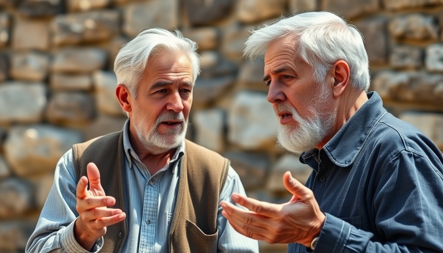 Elderly man in conversation, emphasizing a point in outdoor setting.