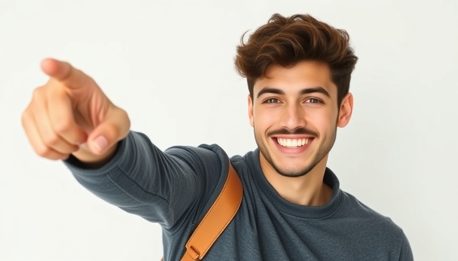 Young man pointing confidently in bright setting.