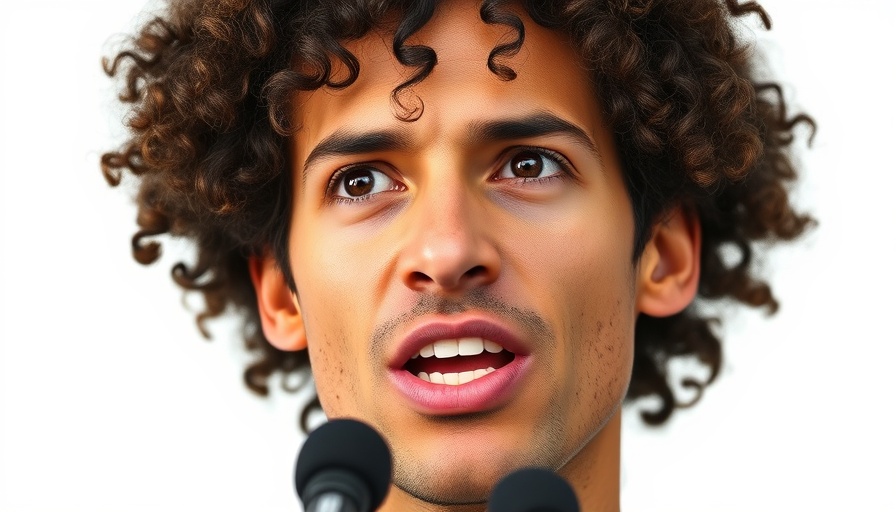 AI copyright case speaker with curly hair addressing audience.