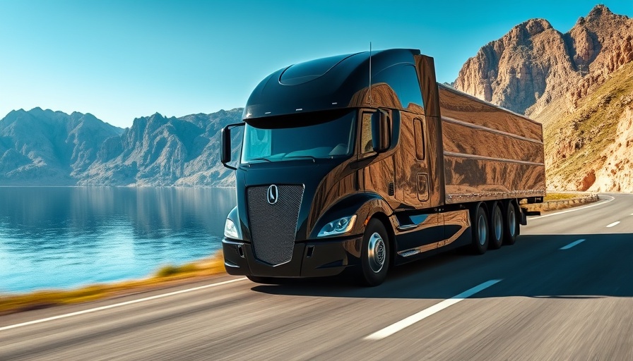 Futuristic black truck on coastal road, mountains and lake view in background.