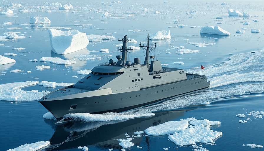 Sleek autonomous naval ship among icebergs
