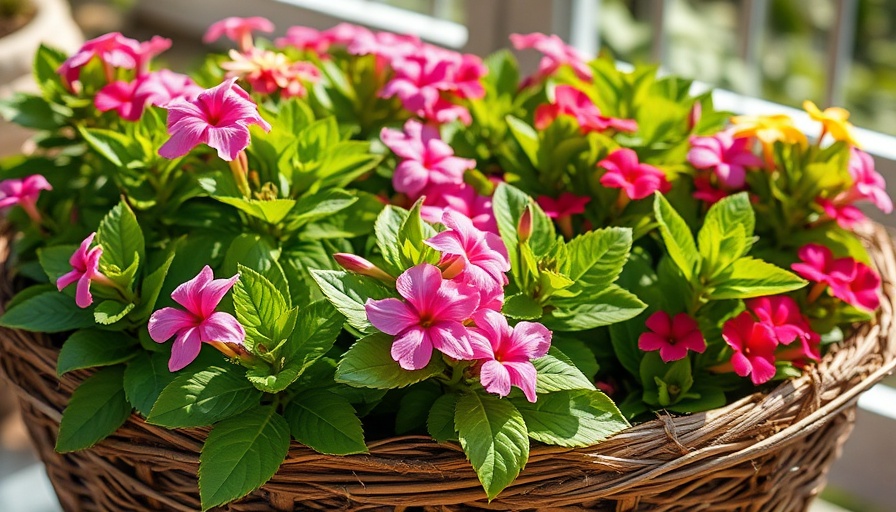 Coconut coir products in the garden featuring vibrant flowers.