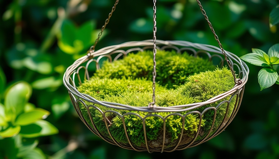 Wire basket with sphagnum moss hanging in a garden setting.