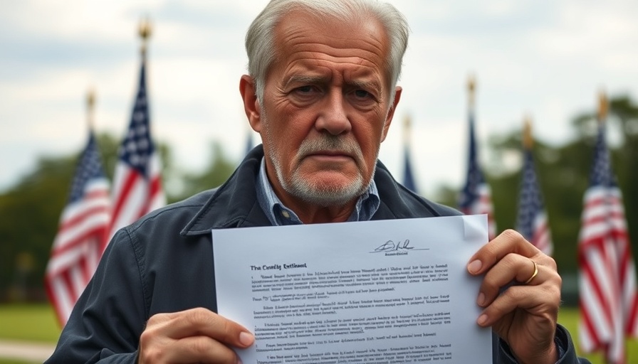 Serious man holding signed document outdoors with American flags.