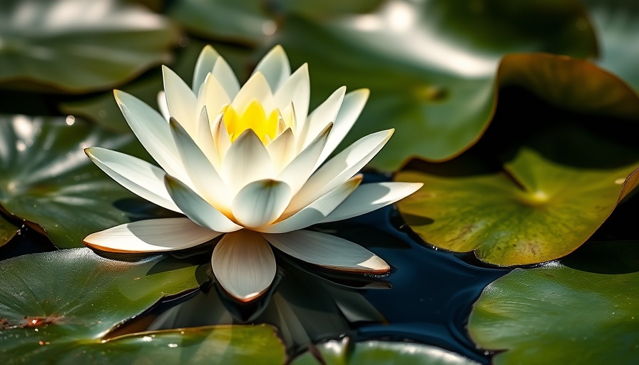 Serene white water lily in natural pond, reflecting tranquility.