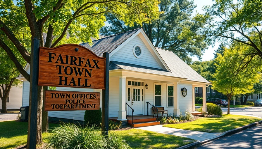 Fairfax town hall sign amidst greenery, related to recall effort.