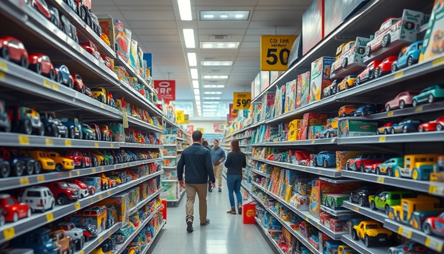 Customers shopping in toy store with discounts.