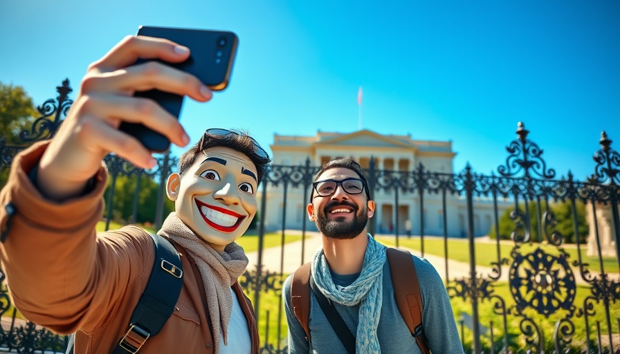 Person smiling while taking a selfie with a masked character in front of a building.