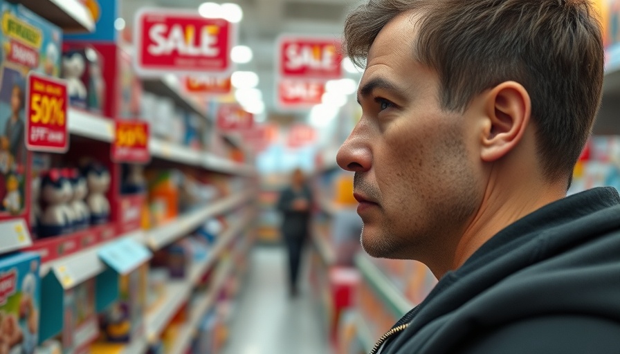 Shopper browses toy aisle with 20% sale signs, UK tariffs impact.